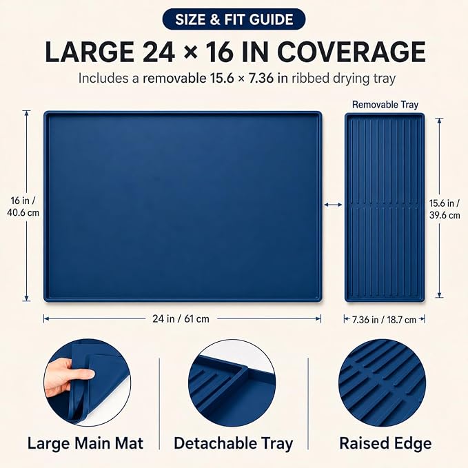 Silicone Coffee Mat 24 x 16 in with Tray, Deep Sea Blue | Coffee bar mat for countertop use, coffee station mat or coffee machine mat with removable tray and 0.47 in raised rim. - Image 3