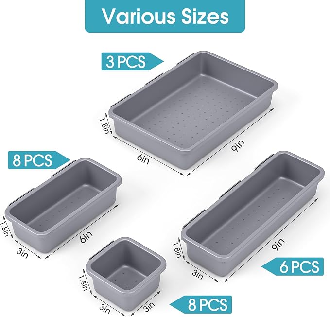 25 PCS Drawer Organizer Set, 4 Size Makeup Drawer Divider Organizer With Non-Slip Pads, Interlocking Plastic Storage Bins for Office,Jewelry Vanity,Gadgets, Bathroom,Kitchen, Grey - Image 2