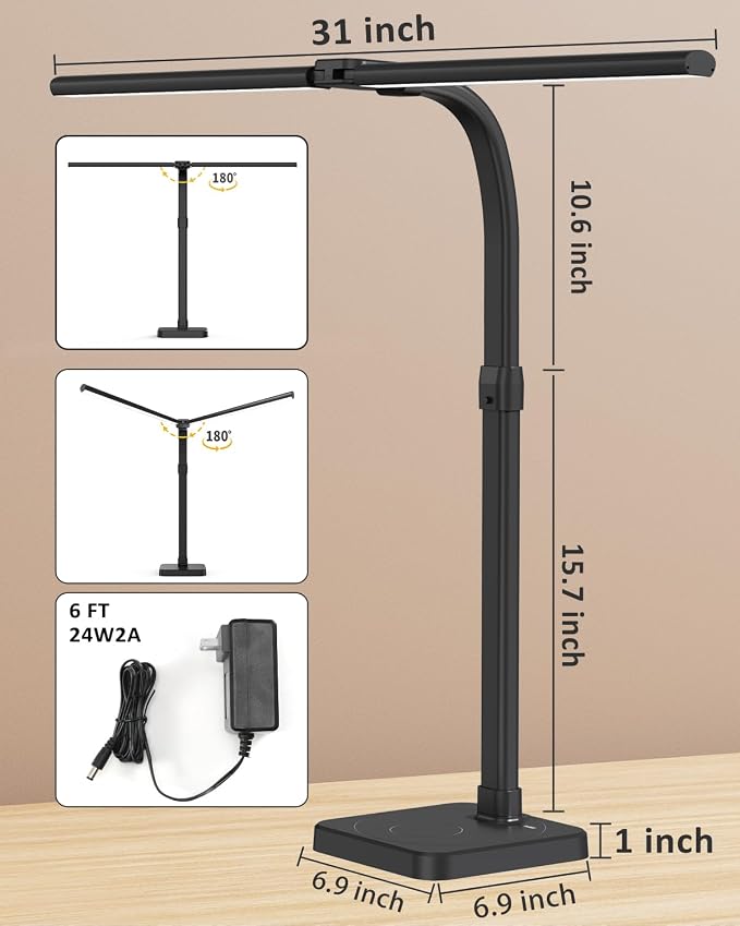 AKRRYR LED Desk Lamp for Home Office, Double Head 24W with Base, Architect Light 5 Lighting Brightness Flexible Gooseneck Table Reading Study, Black - Image 3