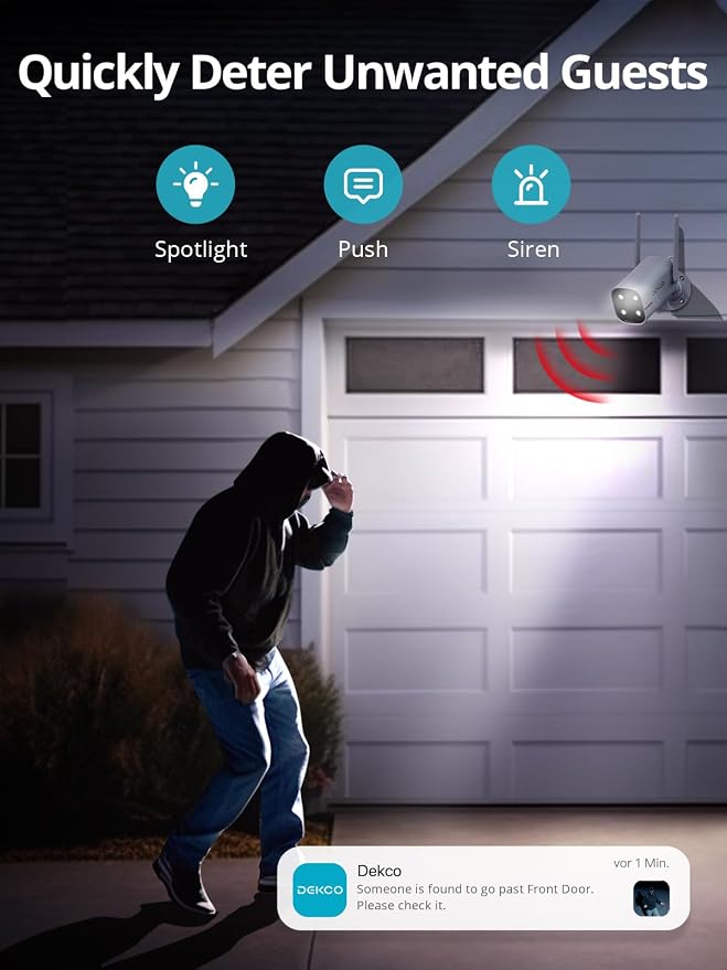 DEKCO 4 Pack Wired Home Camera Outdoor with 2K Color Night Vision, Pan Rotating 180° Security Cameras Support 24/7 Recording, 2.4GHz WiFi, AI Human Auto Tracking, Work with Alexa/Google Assistant - Image 6