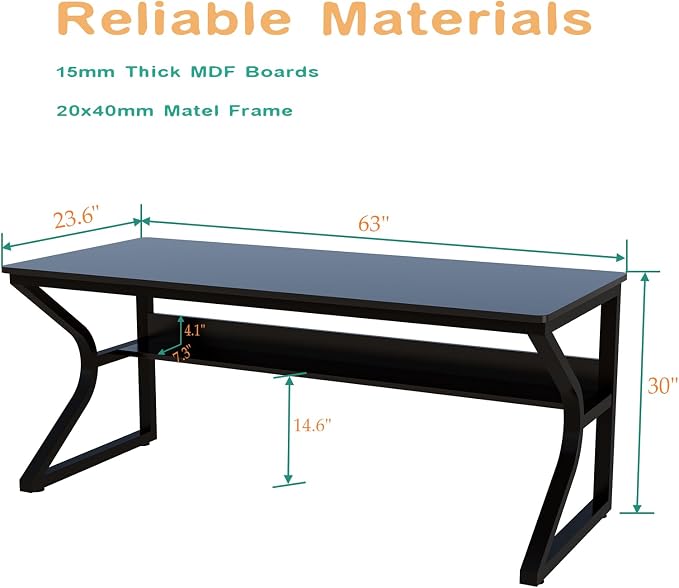OSCHF 63-Inch Extra Long Desk with Storage Shelf, Black | Double Long Writing Table, Space-saving, 2-Person Workstation, Modern Study Work Computer Desk, For Home Office - Image 2