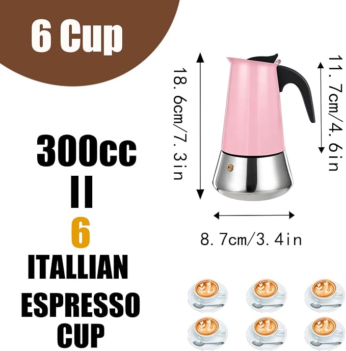 6 Cup Stovetop Espresso Maker Stainless Steel Moka Pot Stove Top Percolator Italian Coffee Makers Capable Mocha Greca Machine Cafe Classic Induction Cookers for Home and Camping 300ml 10oz - Image 2