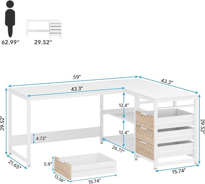 Tribesigns L Shaped Computer Desk with Storage Drawers, 59 inch Corner Desk with Shelves, Reversible L-Shaped Office Desk Study Writing Table Workstation for Home Office, White - Image 2
