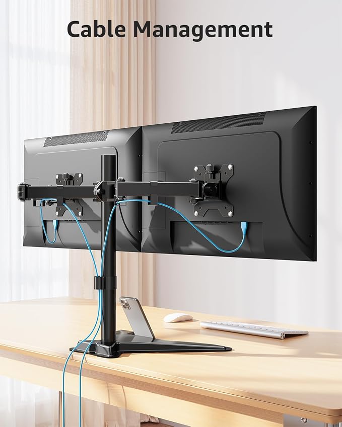 MOUNTUP Dual Monitor Stand - Freestanding & Height Adjustable Monitor Desk Mount, Steady VESA Mount Holds Max 17.6 lbs, Computer Monitor Stand for 2 Screens up to 27 inches, for Home Office - Image 7