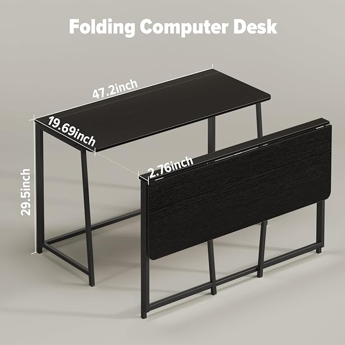 WOHOMO Folding Desk, 47.2" Foldable Computer Table for Small Spaces, Black | Easy Assembly and Fold, Sturdy Home office desks for Study Bedroom Dorm Space Saving Writing Work Apartment - Image 2