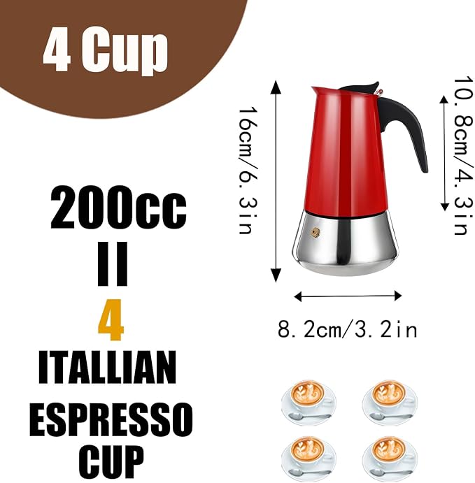 4 Cup Stovetop Espresso Maker Stainless Steel Moka Pot Stove Top Percolator Italian Coffee Makers Capable Mocha Greca Machine Cafe Classic Induction Cookers for Home and Camping 200ml 6.6oz - Image 2