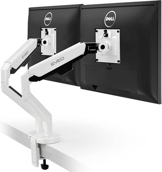 EVEO Premium Dual Monitor Mount 14"-35” Dual Monitor Arm VESA Bracket Adjustable Height Gas Spring Dual Monitor Stand, Screen Full Motion Dual Monitor Arm-Computer Monitor Stand for 2 Screens - White by EVEO