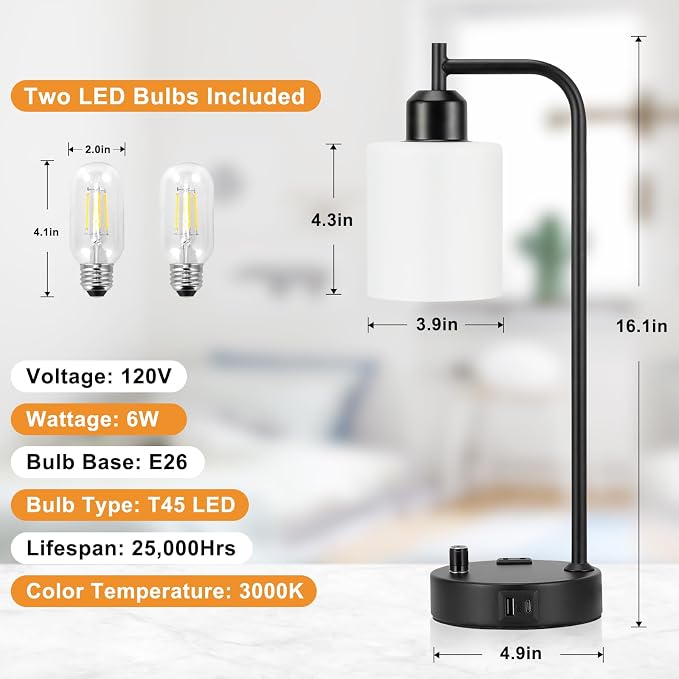 Industrial Bedroom Lamps for Nightstand Set of 2 - Fully Dimmable Bedside Lamps with USB A C Ports and Outlet, Black Table Lamps with Opal Glass Shade for Living Room, Desk Lamps for Office Reading - Image 6