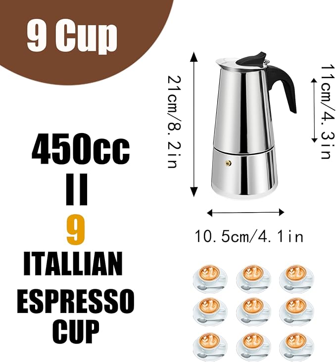 9 Cup Stovetop Espresso Maker Stainless Steel Moka Pot Stove Top Percolator Italian Coffee Makers Capable Mocha Greca Machine Cafe Classic Induction Cookers for Home and Camping 450ml 15oz - Image 3
