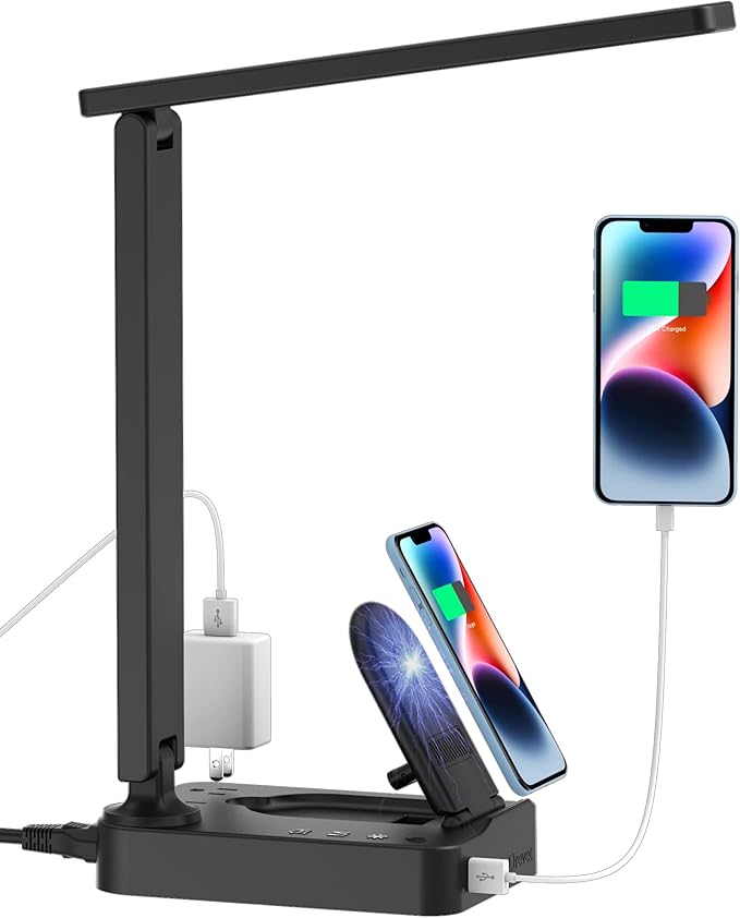 Drevet LED Desk Lamp with Wireless Charger, Desk Table Light with USB Charging Port and 2 Outlets, 3 Lighting Modes, 3 Level Brightness, 1H Timer, Touch Control, Eye-Caring Home Office Foldable Lamp by Drevet