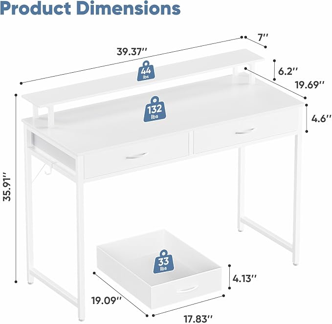 DUMOS 39.4" x 19.7" Compact Computer Desk with Monitor Stand and 2 Drawers, Small Writing Desk with Drawers for Home Office, Study Table for Small Spaces, White - Image 3