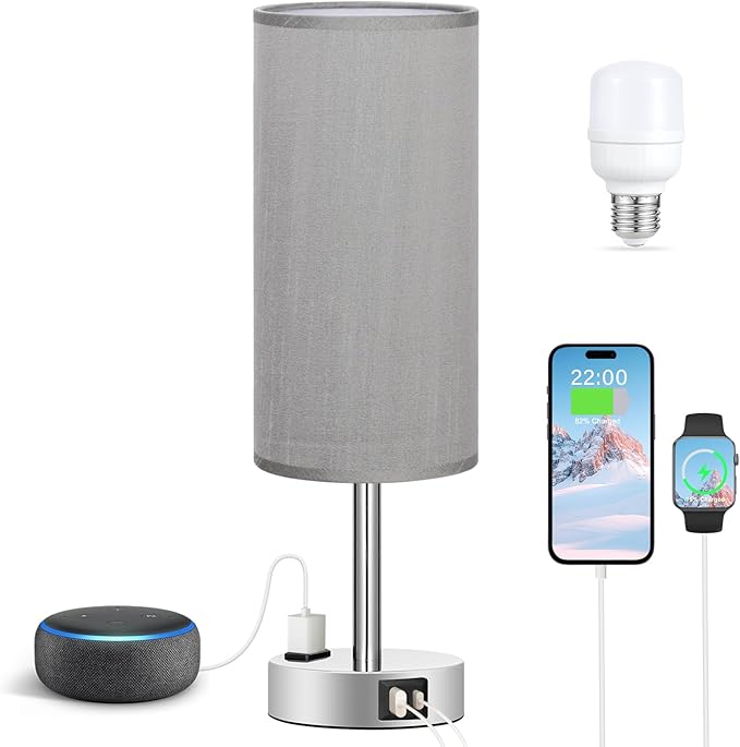 Fenmzee Grey Nightstand Table Lamp for Bedroom - 3 Way Dimmable Bedside Lamp USB C A Charging Ports and AC Outlet, Small Table Lamp Silver Base for Living Room, Office Desk, LED Bulb Included - Image 6