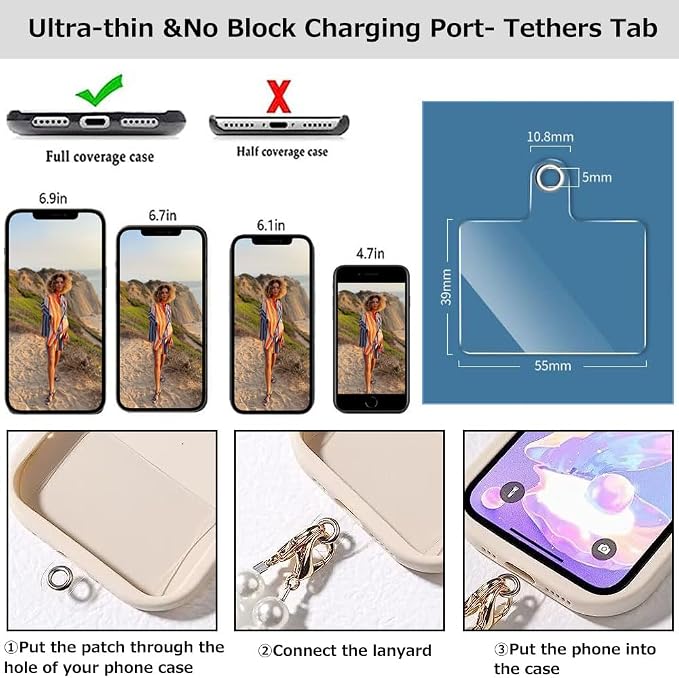 Crossbody Chain Cell Phone Lanyard - Universal Leather+Metal Shoulder Strap With Tether Patches (J) - Image 7