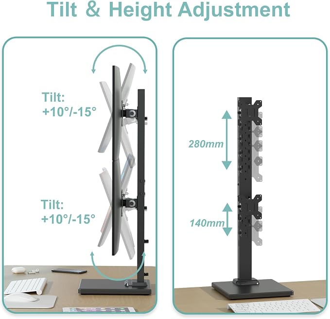 Suptek Dual Monitor Stand with Base Vertical Stack Screen Free-Standing Monitor Riser Fits Two Screen Max 36" & One Screen Max 43" with Swivel, Tilt, Height Adjustable,50,75 and 100mm Vesa Base Stand - Image 3