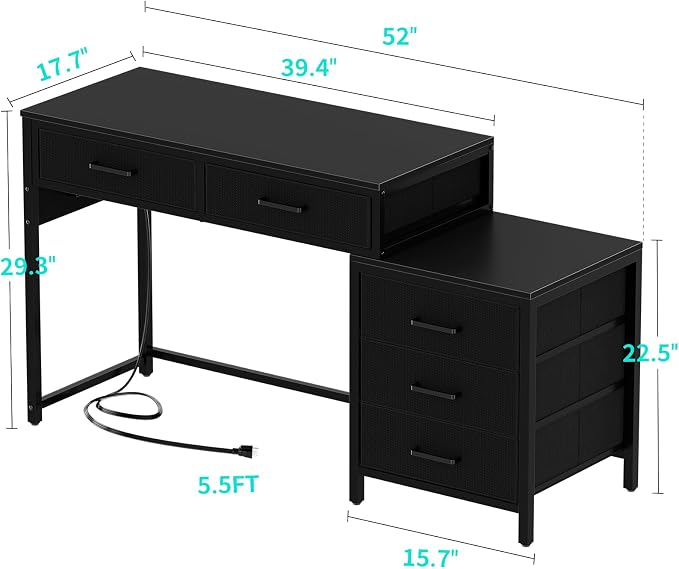 Unikito Reversible Computer Desk with 5 Drawers, Sturdy Office Desk with Power Outlets and USB Ports, Corner Writing Table with File Cabinet & Printer Stand, Vanity Desk with Storage, Black - Image 3