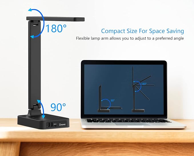 Drevet LED Desk lamp with USB C Charging Port, Table Light with 3 USB Charger and 2 AC Power Outlet, 3 Color Model, 3 Level Brightness, Touch Control, Memory Function, Eye-Caring Office Foldable Lamp - Image 6