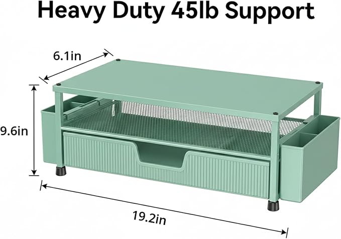 ECOLOVI Desk Organizer and Accessories, 2-Tier Computer Monitor Stand Rise with Storage Drawer & 2 Pen Holders, Laptop & Printer Stand for Desktop, Workspace Organizers for Office Supplies (Green) - Image 2