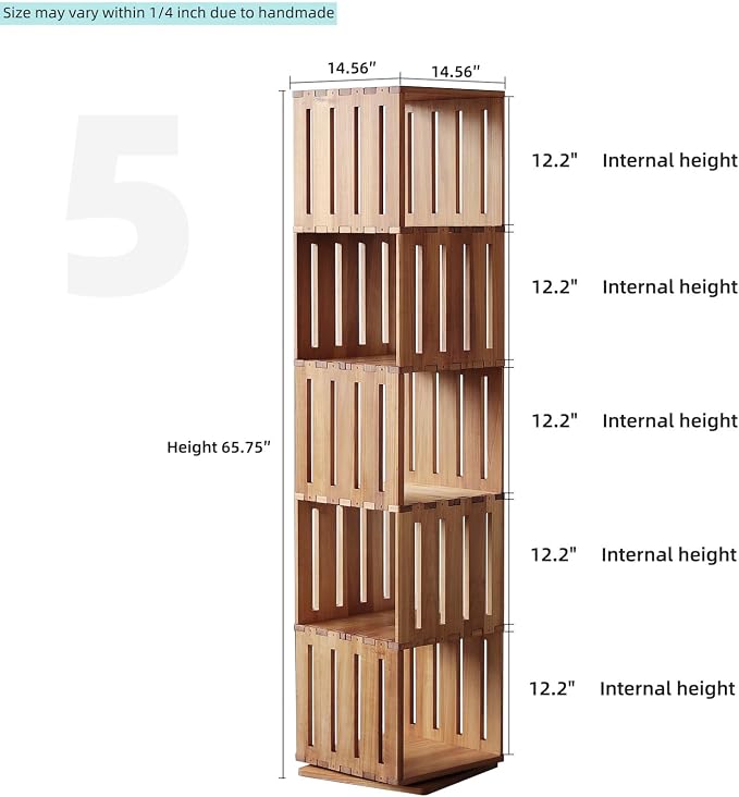 Wooden Rotating Bookshelf, 360°Spinning Deep-Bin Tower for Art Books&Large Formats, Solid Wood Revolving Bookcase, Floor Standing Storage Rack,Corner Organizer,Small Space,study,Office, 5-Tier - Image 2
