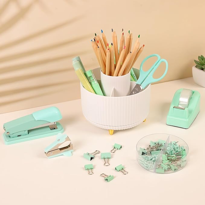 SKYDUE Teal Office Supplies Set, Office Desk Accessories 10Pcs, Pencil Holder for Desk, Stapler, Tape Dispenser, Scissors, Clips and 1000pcs Staples, School Supplies for Teacher - Image 2