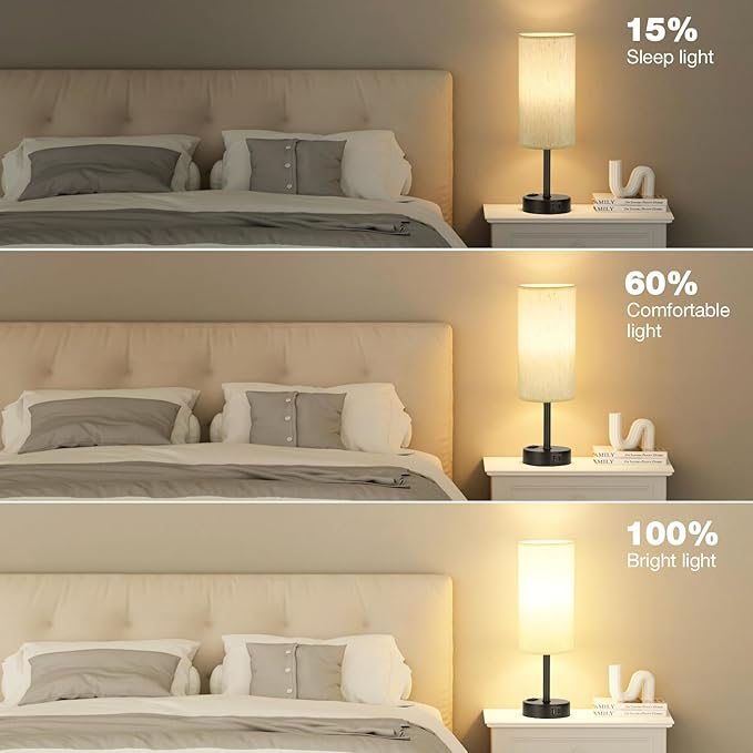 Light Beige Table Lamp for Nightstand - 3 Way Dimmable Bedside Lamp for Bedroom with USB C A Charging Ports and AC Outlet, Small Desk Lamp with Black Base for Living Room, Office, LED Bulb Included - Image 5