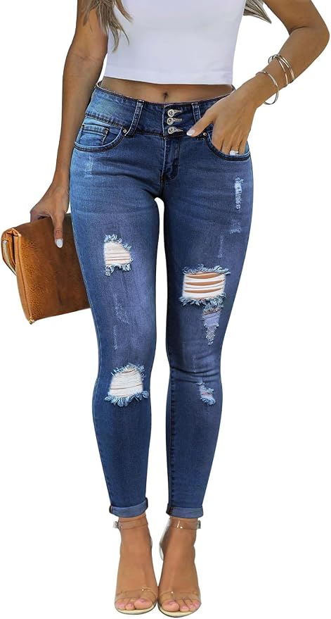 KUNMI Women's Skinny Ripped Trendy Jeans Distressed Stretchy Denim Pants by KUNMI