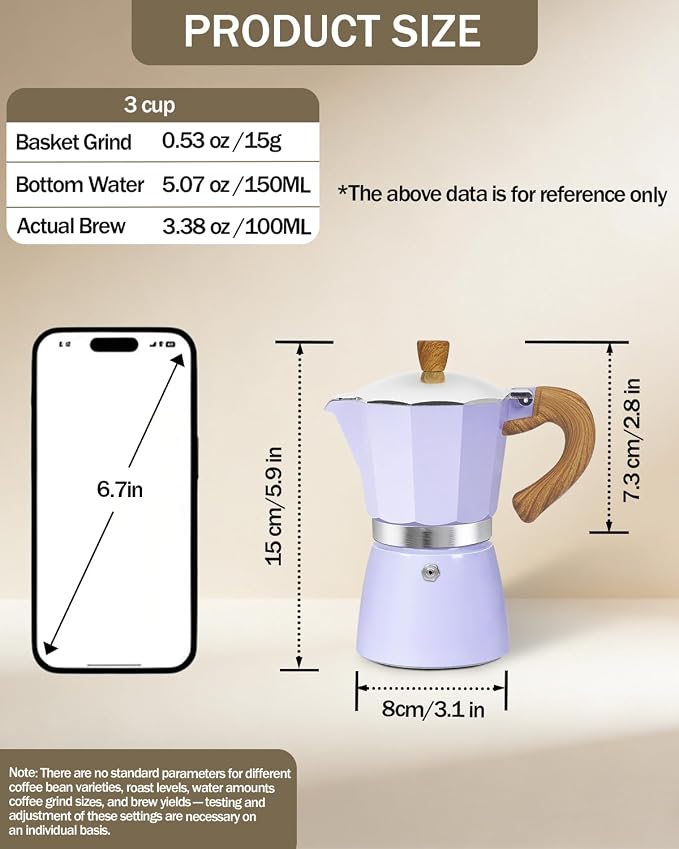 Coffee Maker Stovetop Espresso Maker 3 Cup Aluminum Moka Pot Percolator 5oz 150ml Easy Brewing for Electric Ceramic Stoves Home Camping Italian Cuban Café Classic Sip Sized Purple - Image 2
