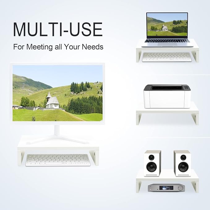 TEAMIX 14.2 inch White Monitor Stand Riser, Wood Monitor Riser with Storage for Desk Small Monitor Stand TV/Screen/PC/Laptop Riser Computer Stand Desktop Shelf (White-14.2 inch) - Image 2