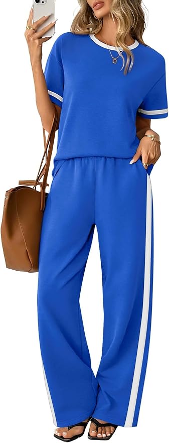 Sampeel 2 Piece Sets for Women Matching Sets Summer Outfits Resort Wear Short Sleeve Lounge Set Wide Leg Pants with Pockets by SAMPEEL