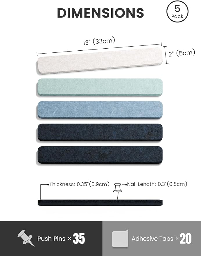 Fluxynara 13" x 2" Felt Wall Panels, Ocean Gradient | 5-Pack Cork Board Alternative with 35 Push Pins, Adhesive Mounting for Bedroom Door or Home Office - Image 2