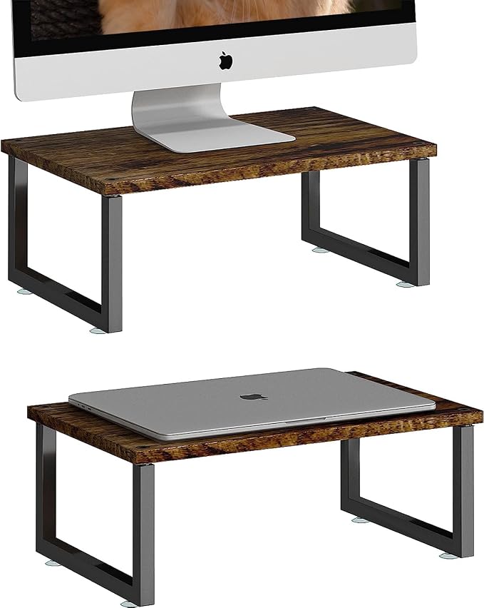 Simple Trending 2 Pack Monitor Stand Riser, Wood Desk Storage Organizer for Office Laptop, Computer, Antique Brown by SimpleTrending