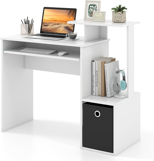 Tangkula Computer Desk with Fabric Drawer & Keyboard Tray, Space-Saving Study Writing Desk with Open Storage Shelves & Printer Stand, Modern Home Office Computer Workstation for Small Spaces (White) by TANGKULA
