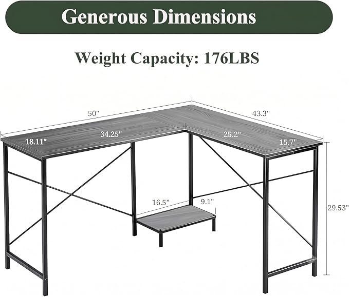 L Shaped Desk, 50 Inch Reversible Computer Desk Corner Gaming Table with CPU Stand, Sturdy Metal Frame PC Workstation for Home Office | Storage Bag, Grey Corner Gaming Desk, Sturdy Metal Frame, PC Workstation for Home Office - Image 3