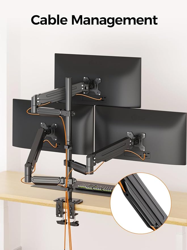 Bracwiser Triple Monitor Mount for Max 34" Screens, up to 24.25lbs Each, Full Adjustable 3 Monitor Desk Stand, Three Gas Spring Arm with Tilt Swivel Rotation, VESA 75x75/100x100mm, Black, MDX883B - Image 8
