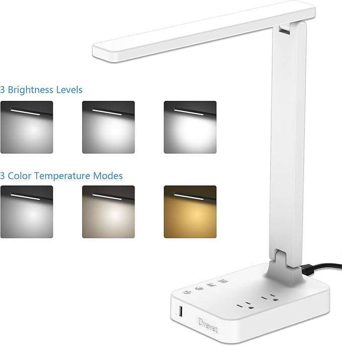 Drevet LED Desk Lamp, Desk Light with 1 USB Charging Port and 2 AC Power Outlet, 3 Lighting Modes, 3 Level Brightness,1H Timer, Touch Control, Eye-Caring Home Office Foldable Table Lamp (White) - Image 2