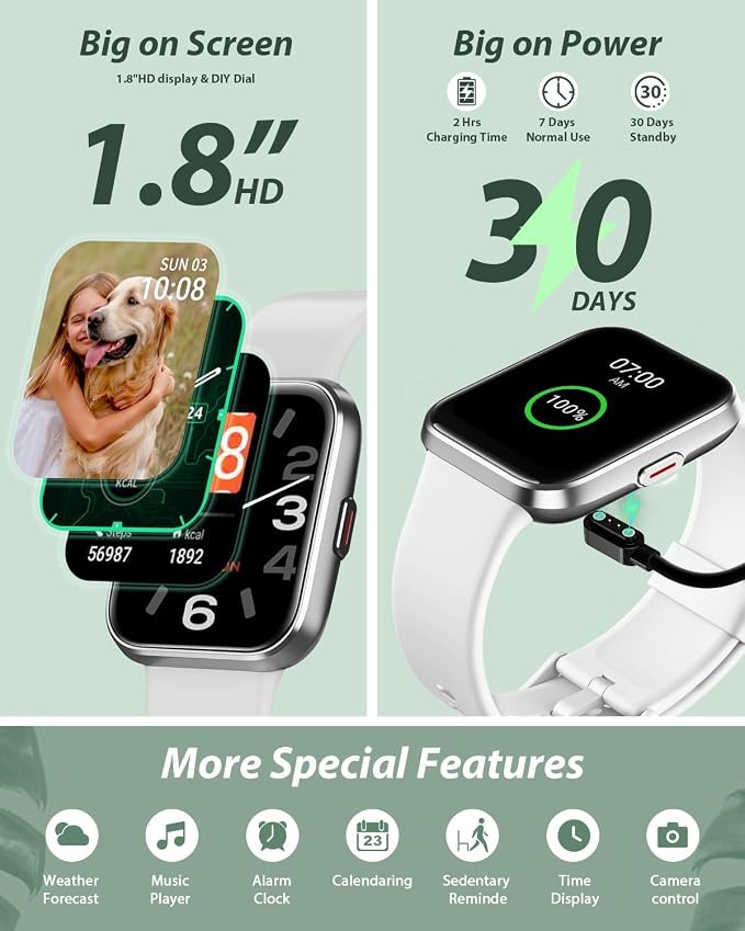 Smart Watch for Women Android & iPhone, Alexa Built-in, 1.8" Touch Screen Fitness Tracker with Answer/Make Calls, IP68 Waterproof Heart Rate/Sleep/SpO2 Monitor, Pedometer, 100+ Sport Modes, White - Image 6
