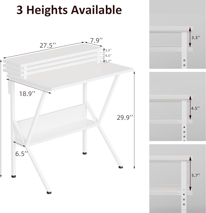 COTUBLR Small Desk, 27.5 Inch Small Computer Desk for Small Spaces, Computer Desk with Adjustable Monitor Stand, Compact Desk with Storage, Tiny Desk Study Desk for Bedroom Home Office, White - Image 3