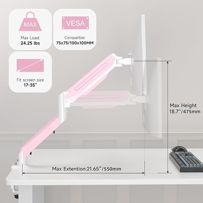 Suptek Monitor Mount Gas Spring Monitor Arm Desk Mount Fully Adjustable Fits 17 20 22 23 24 26 27 32 35 inch Monitors Weight Capacity up to 24.25 lbs, Pink - Image 2