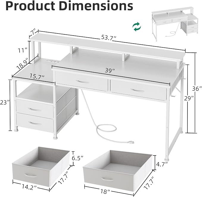 MUTUN 53" Computer Desk with 4 Drawers & Power Outlets, Reversible Home Office Desk with Monitor Stand & Printer Stand, Gaming Desk with Led Lights, Study Writing Work Desk Table for Bedroom (White) - Image 3
