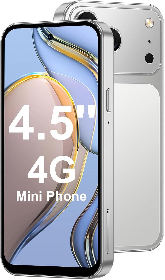 4.5'' Mini Phone 64GB Unlocked 4G Mobile Smartphone with 2000mAh Battery Compact Backup Mini Phone for Kids & Students Dual SIM Face ID Silver | 4.5'' HD Screen by Unknown