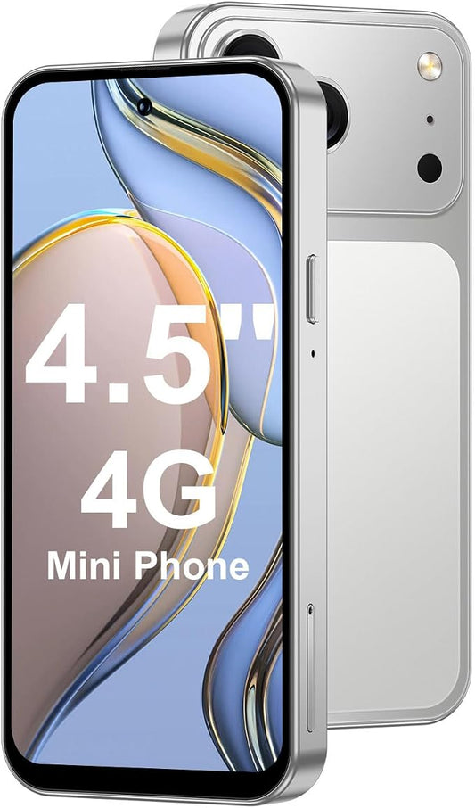 4.5'' Mini Phone 64GB Unlocked 4G Mobile Smartphone with 2000mAh Battery Compact Backup Mini Phone for Kids & Students Dual SIM Face ID Silver | 4.5'' HD Screen by Unknown