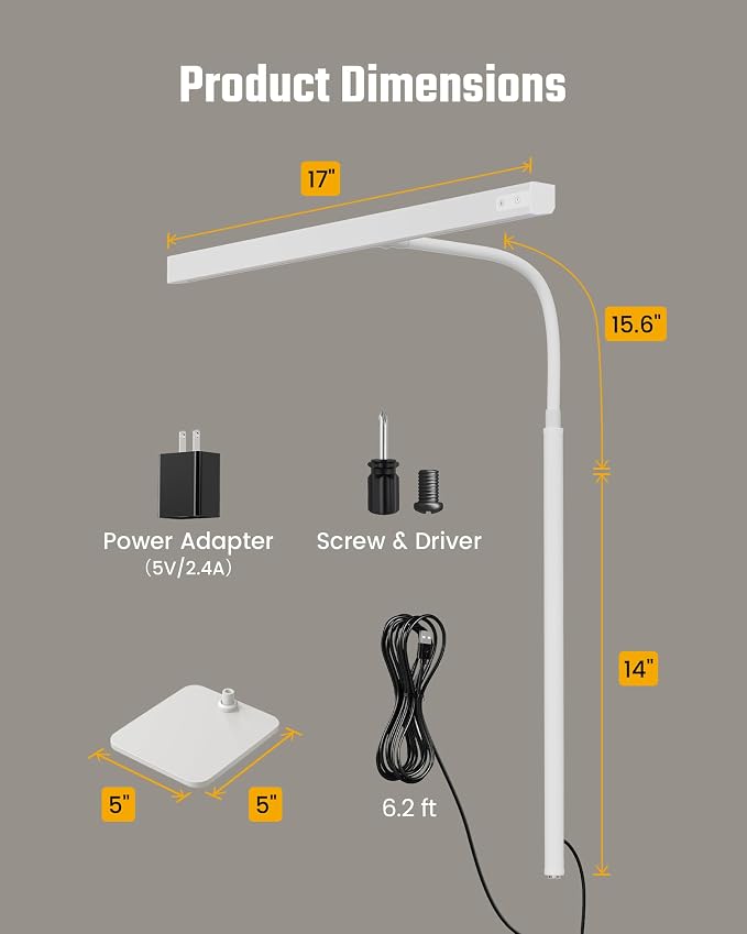SUPERDANNY LED Desk Lamp for Home Office, Eye-Caring Desk Light with Base, 12W Touch Control 3 Colors Dimmable Brightness, Gooseneck Architect Lamp for Computer Monitor Reading Workbench, White - Image 7