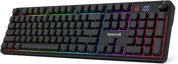 Redragon K526 PRO Wireless RGB Membrane Gaming Keyboard, LED Screen & Knob | See Battery, Mode & Time at a Glance, 0-Delay Tri-Mode, One-Touch Backlit & Media Adjust, 26-Key Anti-Ghost for Combo-Strike by REDRAGON