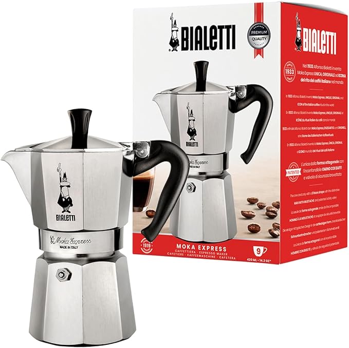 Bialetti - Moka Express: Iconic Stovetop Espresso Maker, Makes Real Italian Coffee, Moka Pot 9 Cups (14 Oz - 420 Ml), Aluminium, Silver by Bialetti