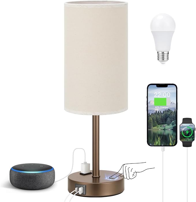 Fenmzee Touch Table Lamp - Beige, 3-Way Dimmable, USB A + C Charging, AC Outlet, 17.4inch Medium, Brown Metal Base by Fenmzeelighting