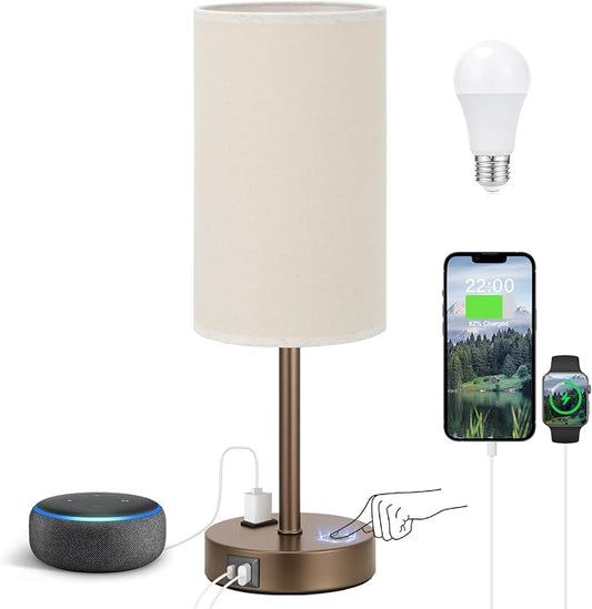 Fenmzee Touch Table Lamp - Beige, 3-Way Dimmable, USB A + C Charging, AC Outlet, 17.4inch Medium, Brown Metal Base by Fenmzeelighting