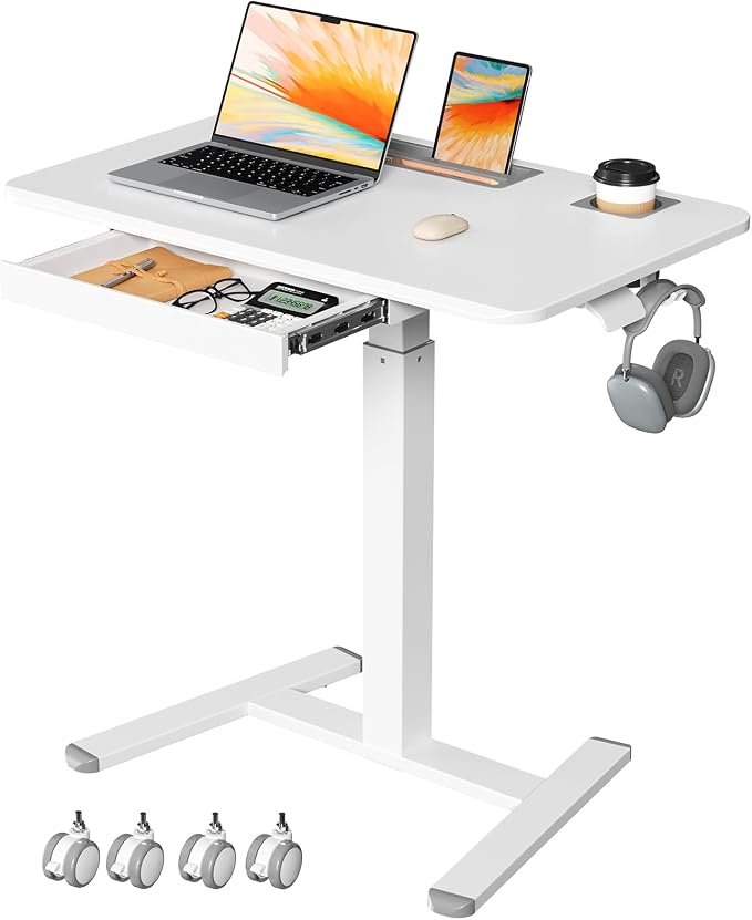 32" Mobile Desk with Drawer, Rolling Standing Desk on Wheels | Height Adjustable Desk with Cup Holder and Hooks, Portable Laptop Cart with Storage for Home Office, White by JYLHJOYSEEKER
