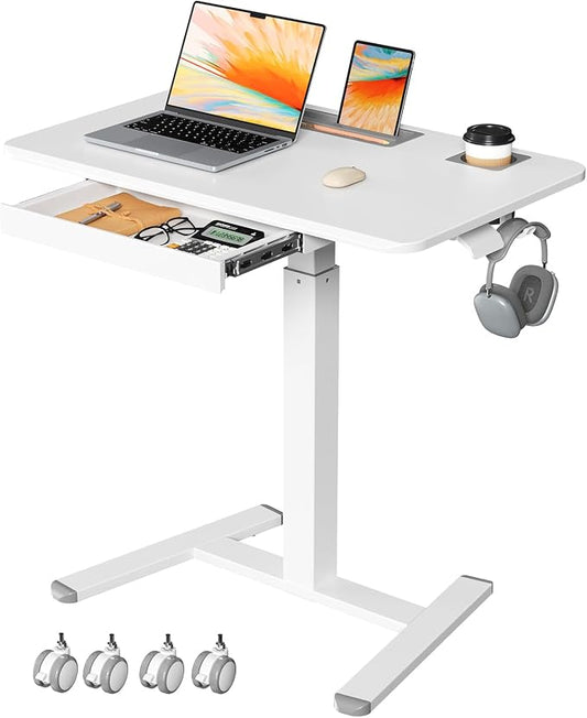 32" Mobile Desk with Drawer, Rolling Standing Desk on Wheels | Height Adjustable Desk with Cup Holder and Hooks, Portable Laptop Cart with Storage for Home Office, White by JYLHJOYSEEKER