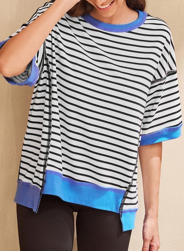 SHEWIN Womens Tops Casual Short Sleeve Sweatshirt Crewneck Striped Shirt Pullover T Shirts Loose Blouses - Image 6