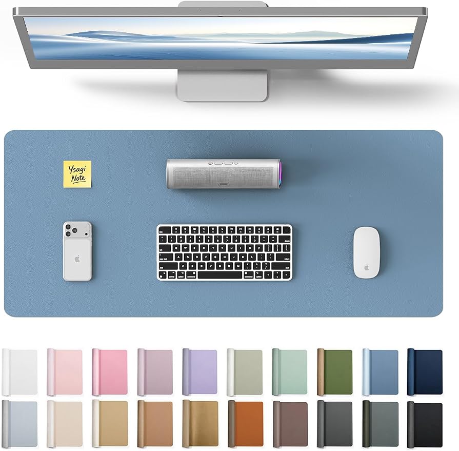 YSAGi Leather Desk Protector, Office Mat, Large Mouse Mat, Non-Slip PU Leather Blotter, Laptop Desk, Waterproof Writing Pad for Office and Home (Blue, 23.6" x 13.8") by YSAGi
