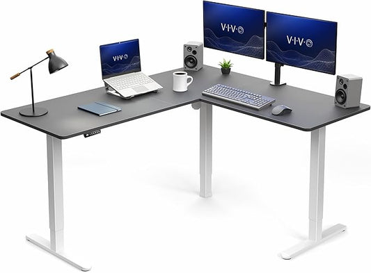 VIVO Black 63 x 55 in Corner Standing Desk, DESK-E3CTWB | Electric, Reversible L-Shaped Table, Sit Stand, Height Adjustable, Memory Controller, Office Furniture Sets, White Frame by Unknown